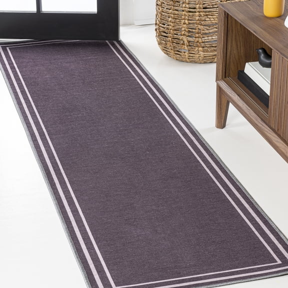 JONATHAN Y WASHABLE 2 x 8 Runner Rug, Sloane 2-Stripe Border Washable - Dark Purple/Light Purple, WSH125C-28