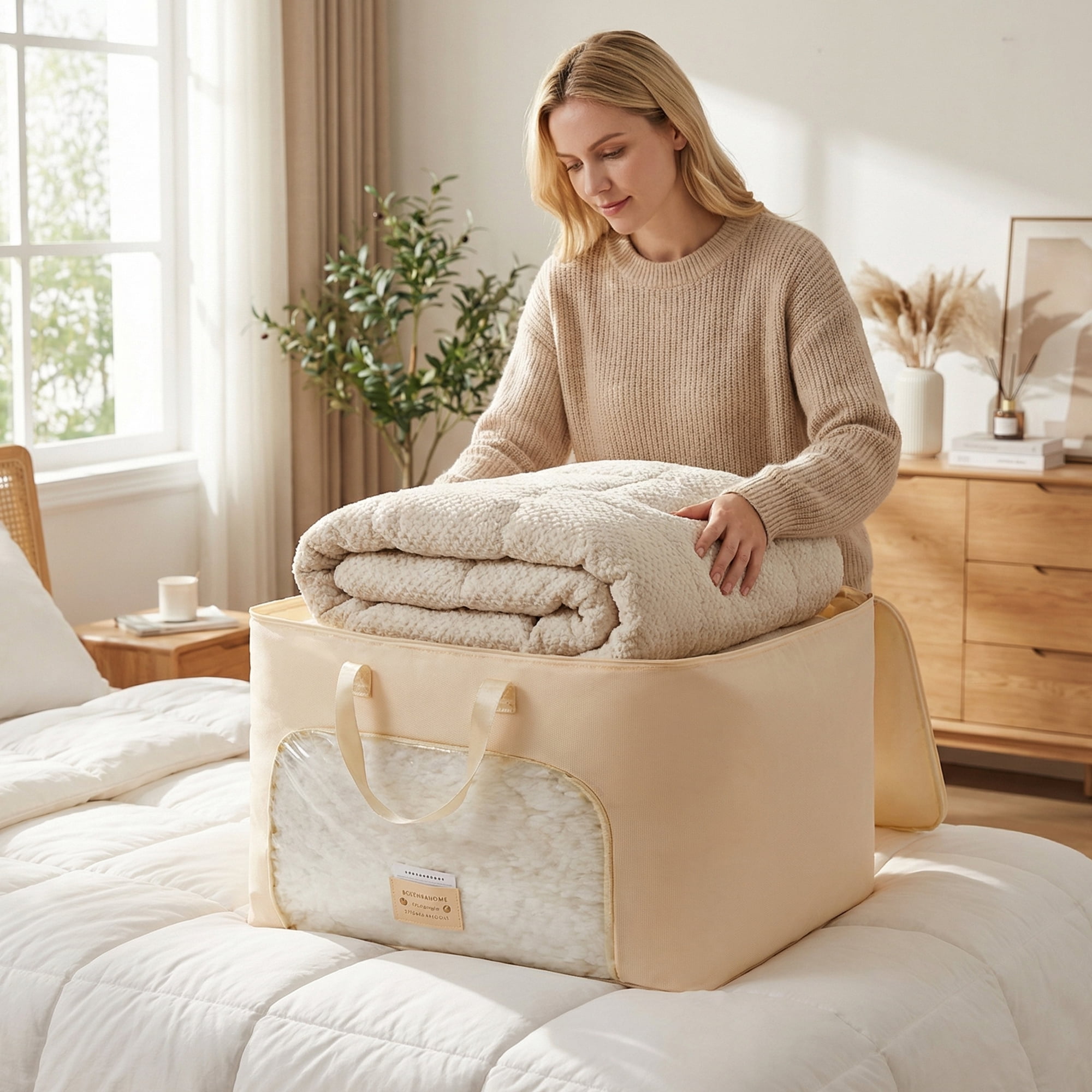 Unique Bargains Storage Bags with Handles for Organizing Bedroom Beige 23.6"x20.9"x13.8"