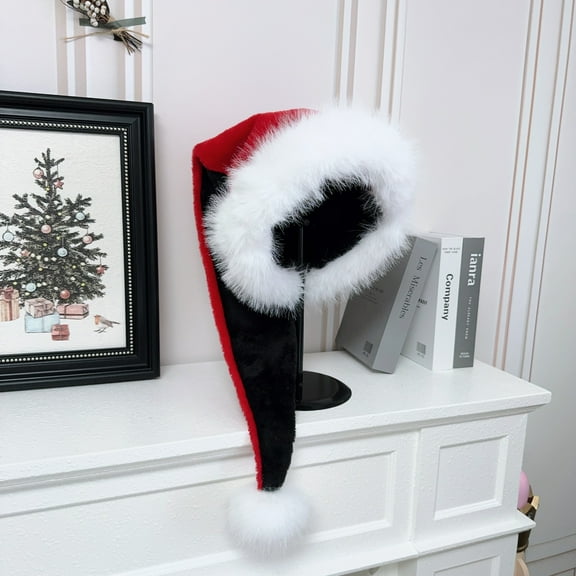 29.5 inches White Black Red Christmas Santa Claus Hat,Unisex Classic Holiday Plush Furry Christmas Hat Headwear Accessories