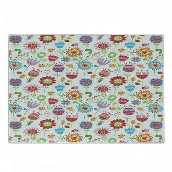 Flower Cutting Board, Playful Garden Colorful Meadow with Blossoming Flowers Strawberries Birds Animals, Decorative Tempered Glass Cutting and Serving Board, Small Size, Multicolor, by Ambesonne