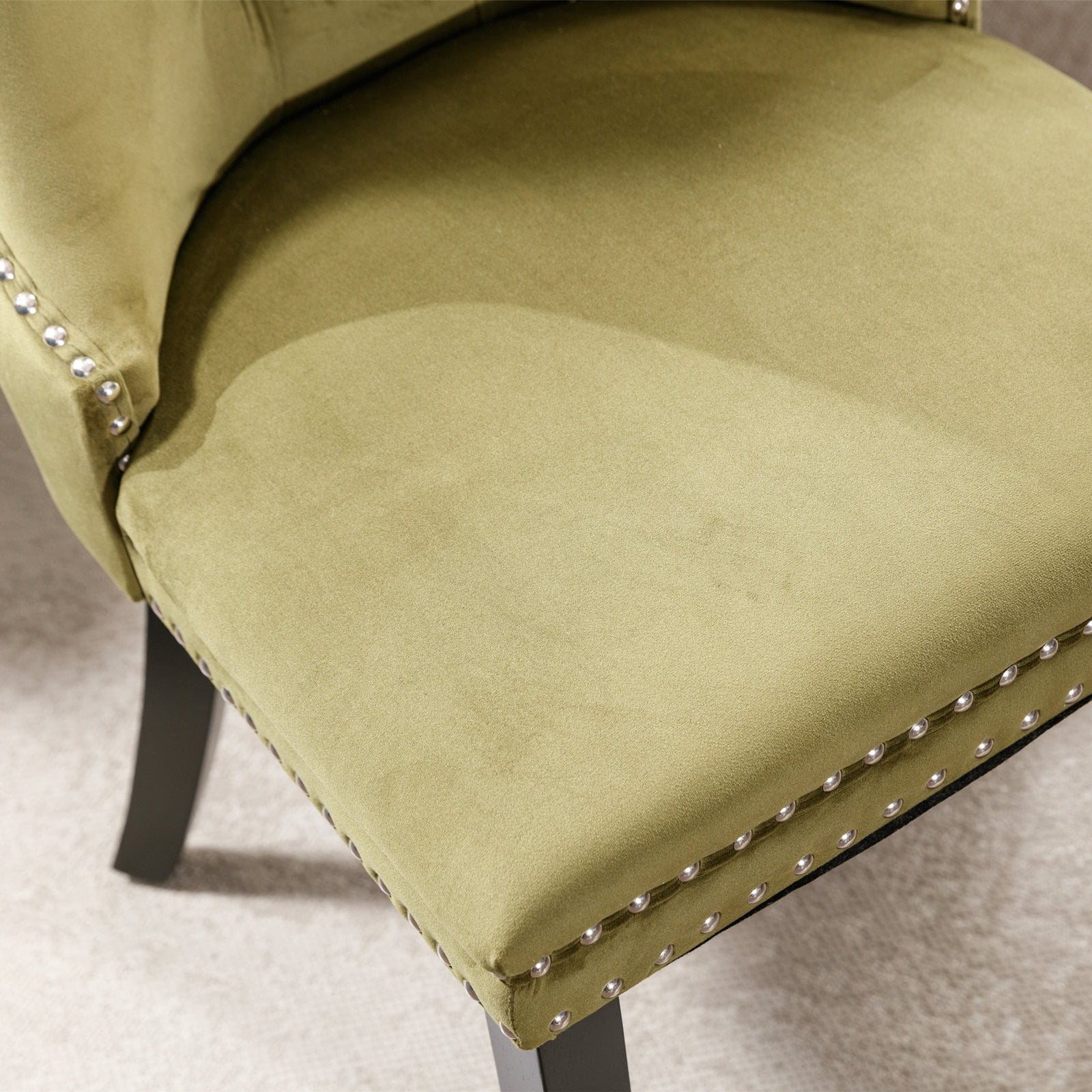 Leumius Dining Chairs Set of 2, Velvet Upholstered Kitchen Side Chairs with Ring Pull Trim and Button Back, Solid Wood Luxury Dining Room Chair for Living Room, Bedroom, Kitchen, Olive Green