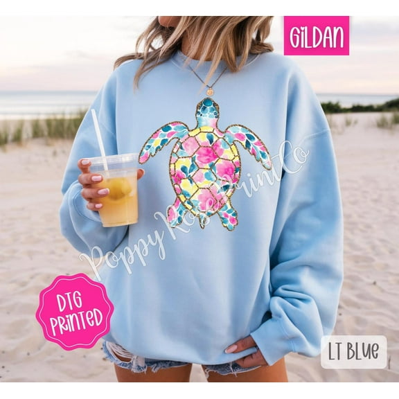 Preppy Floral Turtle Sweatshirt, Cute Summer Crewneck, Trendy Women's Sweater, Sea Turtle Sweatshirt, for Her All Size S-5Xl