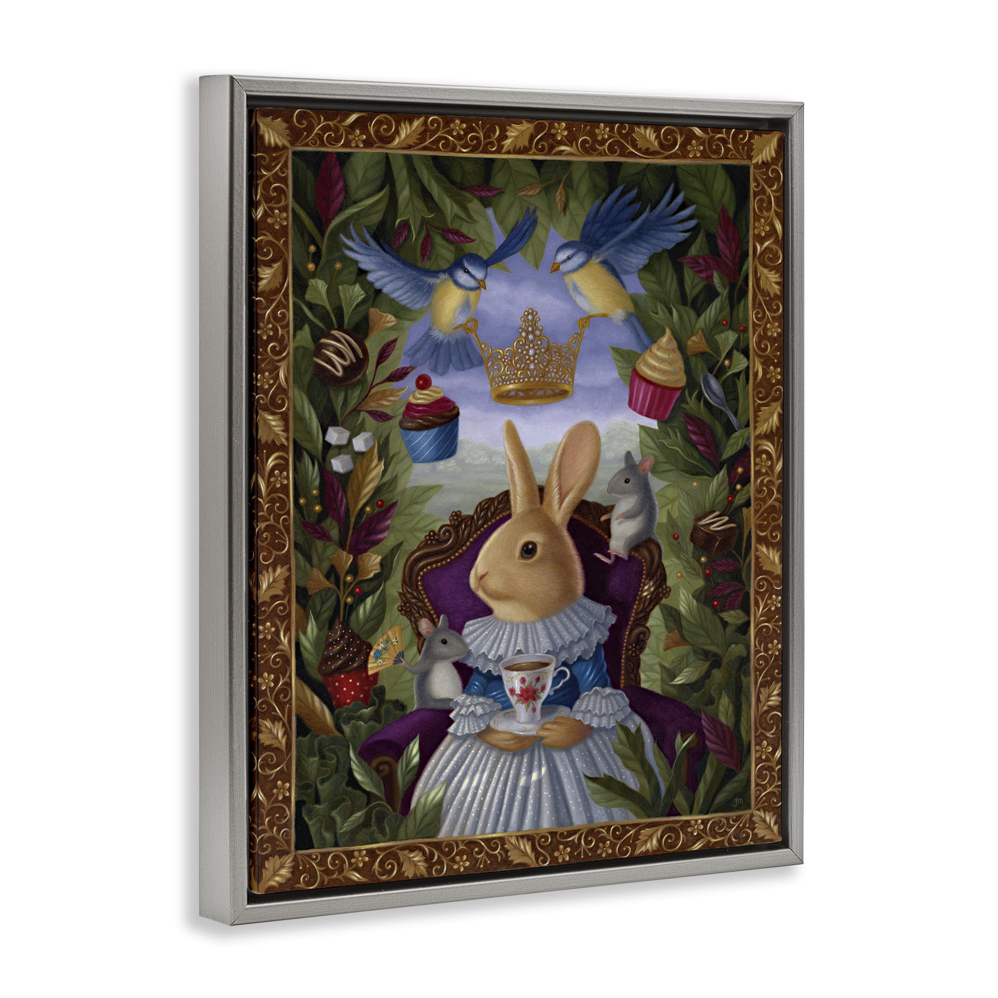 Stupell Industries Classic Rabbit Tea Party Landscape & Nature Painting Gray Floater Framed Canvas Art Print Wall Art, 17 x 21