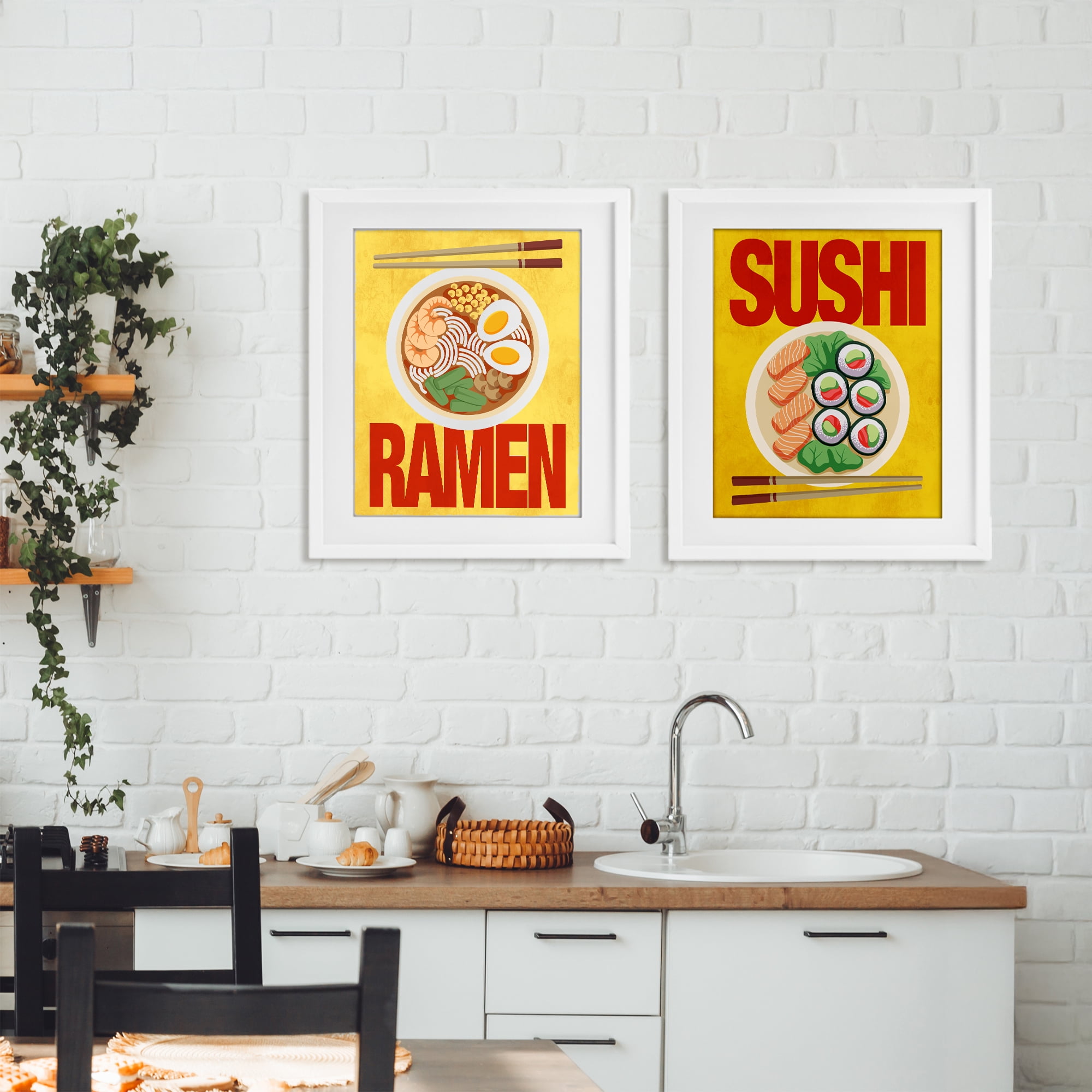 Stupell Industries Ramen & Sushi Japanese Cuisine 2 Piece White Framed Print Under Glass Set, design by Marcus Prime