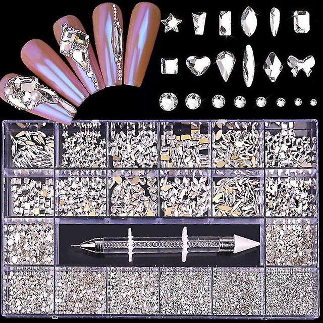 Promoción de venta de caja de 21 rejillas para realzar las uñas con forma de diamante de fondo plano de vidrio con forma especial de diamante de 21 rejillas