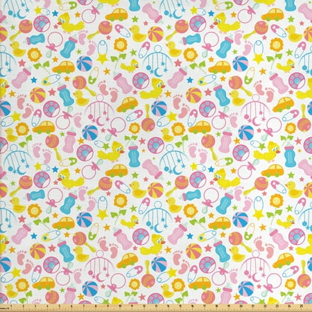 Milk Fabric Baby Fabric by The Yard, Assortment of Infant Items Toys Footprints Milk Bottles Flower Arrangement Design, Decorative Fabric for Upholstery and Home Accents, by Ambesonne ()