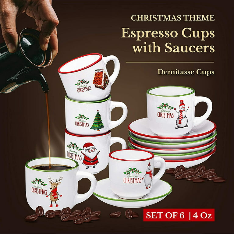 Espresso Cups with Saucers by Bruntmor - 4 ounce - Set of 6, Christmas  Theme 