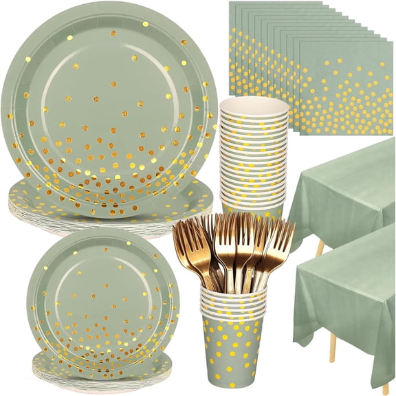 Sage Green Party Supplies, Paper Plates Napkins Cups Forks Disposable Dinnerware Set Serves 25 Guests Party Decorations for Wedding
