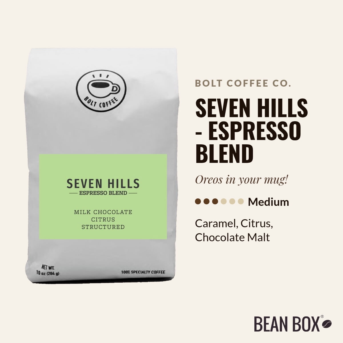 Seven Hills - Espresso Blend - Roasted by Bolt Coffee Co. - Whole Bean Coffee - 12oz Bag