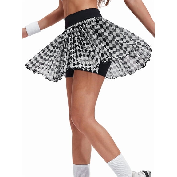 Women's Skort High Waisted Pleated Tennis Skirts Mesh Ruffler Athletic Skirt with Shorts Pockets Black L