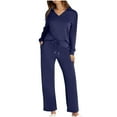 thumbnail image 2 of BiZtdJrK Tracksuits for Women Lapel V Neck Long Sleeve Tops and Drawstring Pants 2 Piece Outfits Stretch Yoga Workout Sets with Pockets Navy M, 2 of 9