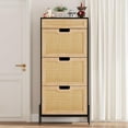 thumbnail image 3 of FOLDLIFE Rattan 3-Tier Slim Shoe Cabinet with 3 Flip Drawers and Metal Leg,Farmhouse Freestanding Rattan Shoe Storage Organizer, Narrow Shoe Rack, Hidden Wood Design,Black+Oak, 3 of 9