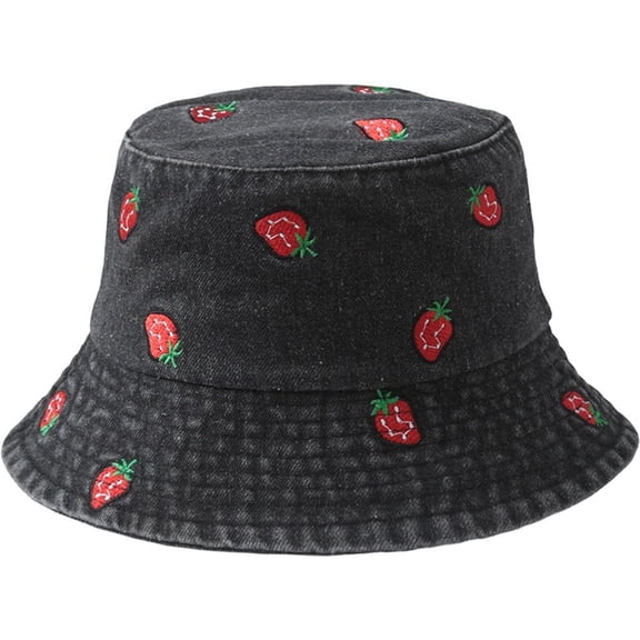 Jiibva Strawberry Print Bucket Hat - Cute Summer Beach Hat for Women Men, Sun Protection Wide Brim Fisherman Cap