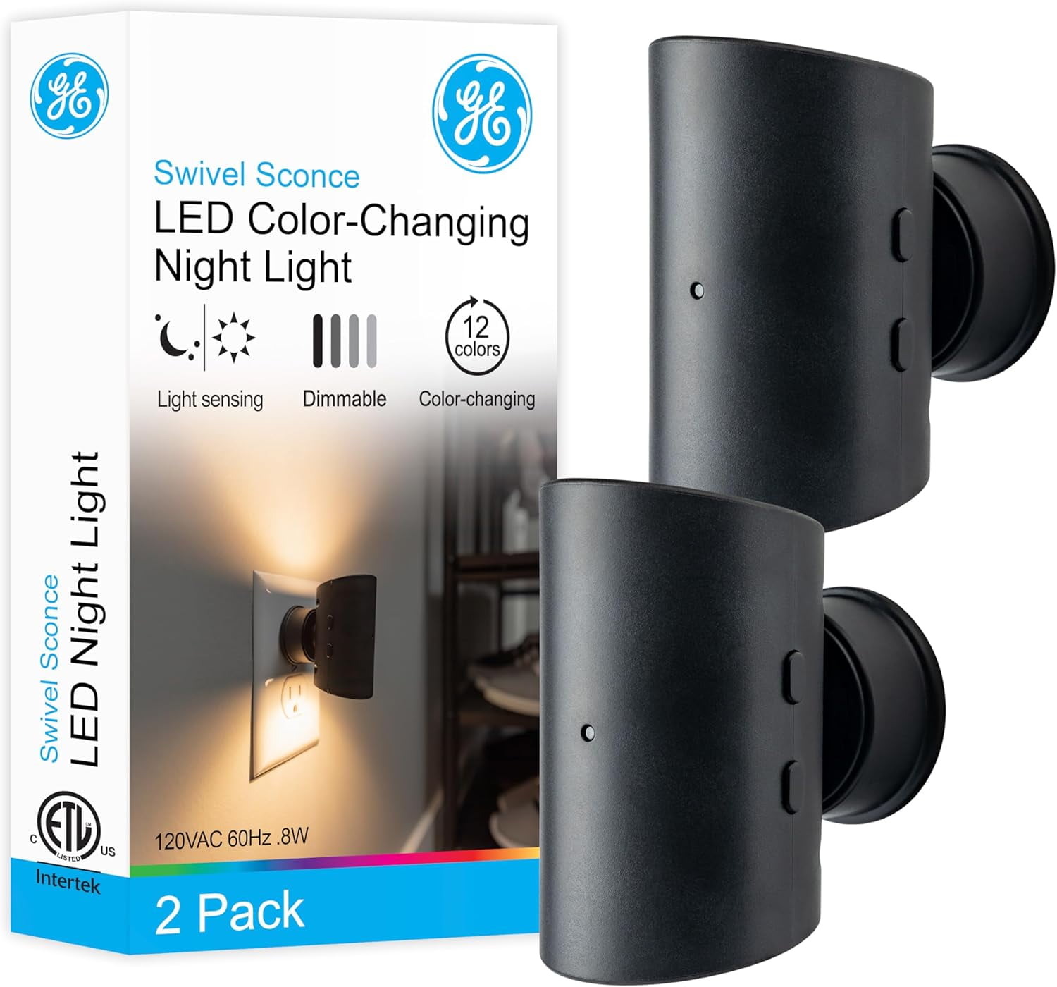 RGHJAR-Directional Plug in Wall Sconce Night Light, Adjustable Swivel Accent Lighting with Dusk to Dawn Sensor, Dimmable Warm White & Optional Color Changing LEDs for Hallways & Bedrooms, 2-Pack, 835