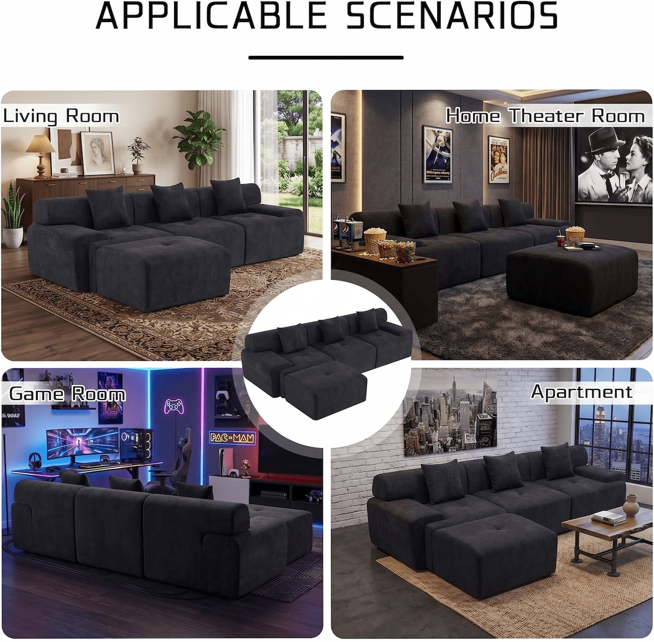 Xiweot Boneless Cloud Couch Sectional Sofa, Oversized Modular Sectional Couch for Living Room, Deep Seat Chenille Sofa with Ottoman, No Assembly Full Foam Comfy Couch for Apartment Bedroom (Black)