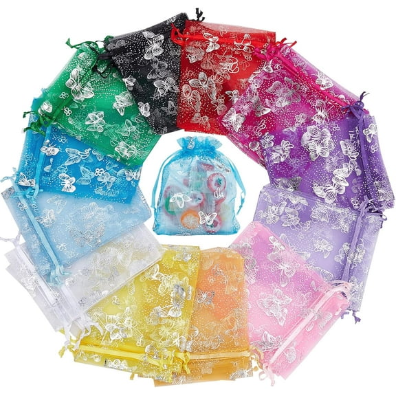 120pcs Organza Drawstring Bags 12 Color Butterfly Print Sheer Gift Bags Jewelry Candy Pouches for Wedding Party Christmas Decor Bags 3.9x4.7 inch