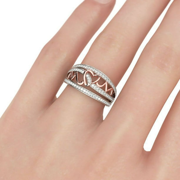 Anillo incrustaciones de diamantes Xihbxyly LOVE MOM oro rosa para mujer