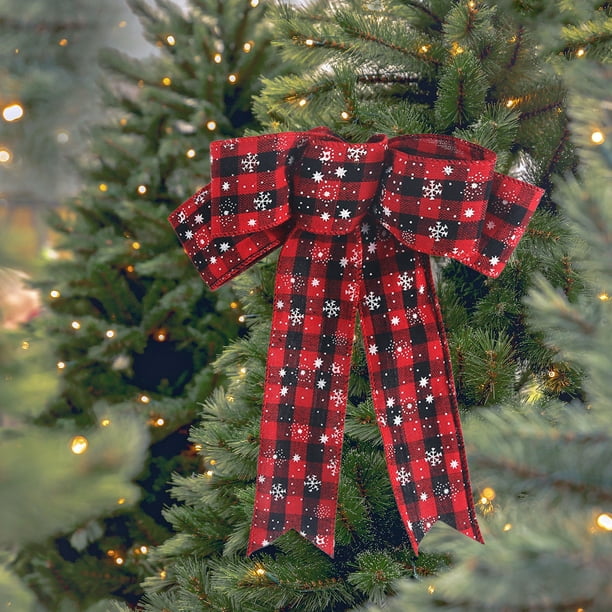 Adorno navideño de lazo de lino con diseño de copos de nieve a cuadros rojos y negros, accesorio para decorar el árbol de Navidad, corona y envoltorio de regalo | Lazo duradero hecho a mano para el