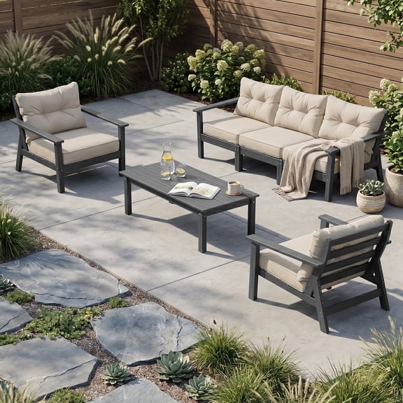 HDPE Patio Conversation Set 5 Seats, All Weather Outdoor Furniture Set with Thick Cushions, Modern Deep Seating Patio Sofa Set with Coffee Table for Backyard, Porch, Deck