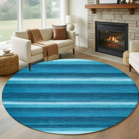 Turquoise Teal Ombre Round Rug 5ft Washable Circle Kitchen Rugs Non Slip Farmhouse Modern Abstract Striped Large Area Rug Indoor Floor Carpet for Bedroom Living Room Home Office Dining Room Nursery