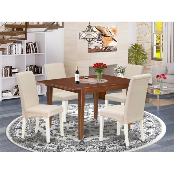 East West Furniture  42-54 in. Milan Rectangular Dining Room Table with 12 in. Self Storing Butterfly Leaf & Four Parson Chair with Mahogany Leg & Linen Fabric - Cream, 5 Piece