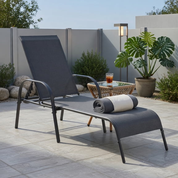 Adjustable Folding Chaise Lounge Chair for Patio, Poolside & Backyard – Dark Gray, Steel Frame, 5-Position Reclining Backrest, 350 lb Capacity