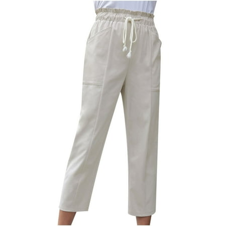 

Ziloco Women Casual Solid Pants With Pocket Comfortable Tie Nine-point Pants pajama pants Beige L