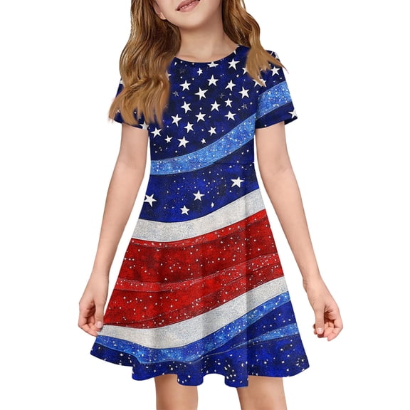 Grblisyd 4th of July Dresses for Girls USA Patriotic Short Sleeve Dress American Flag Crew Neck A Line Dress Independence Day Outfit with Pockets 7-8y