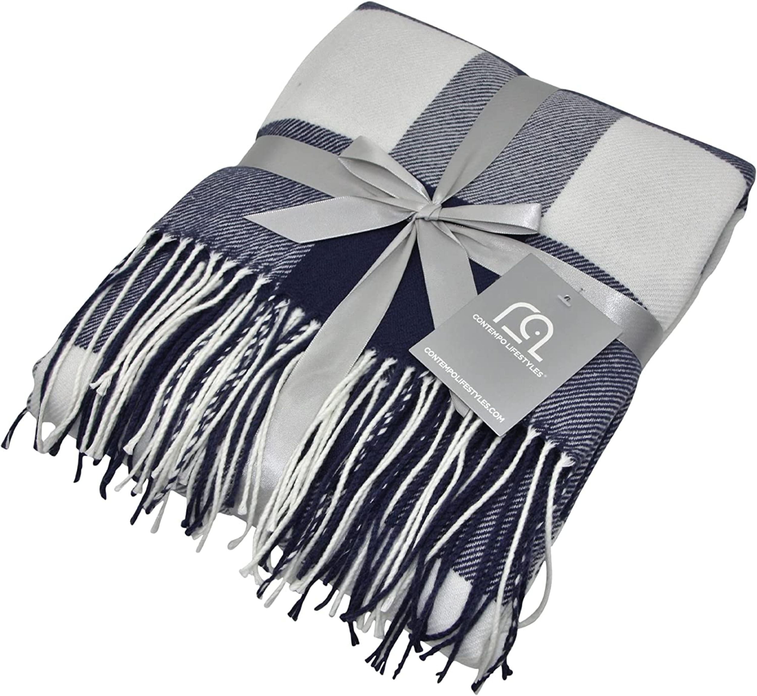 Buffalo Plaid Throw Blanket by Contempo Lifestyles – 50 x 70 Inch Decorative Classic Blanket – Comfortable and Ultra-Soft – Ideal for Living Room, Couch, Travelling, (Dark Denim/Ivory)