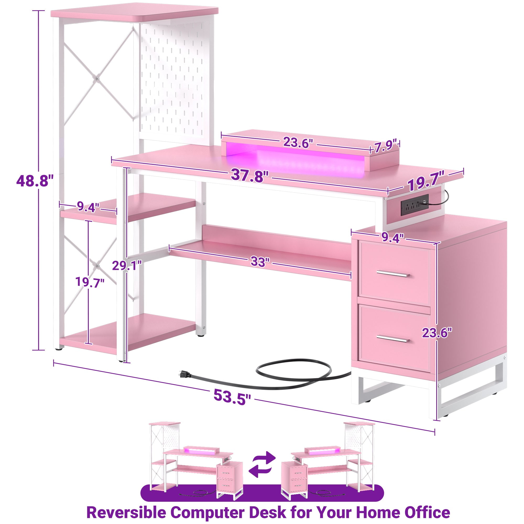 Homieasy 53" Gaming Desk with 2 Fabric Drawers & LED Lights, Reversible Computer Gaming Desk with Power Outlets, Writing Desk with Monitor Stand for Home & Office, with Pegboard, Pink