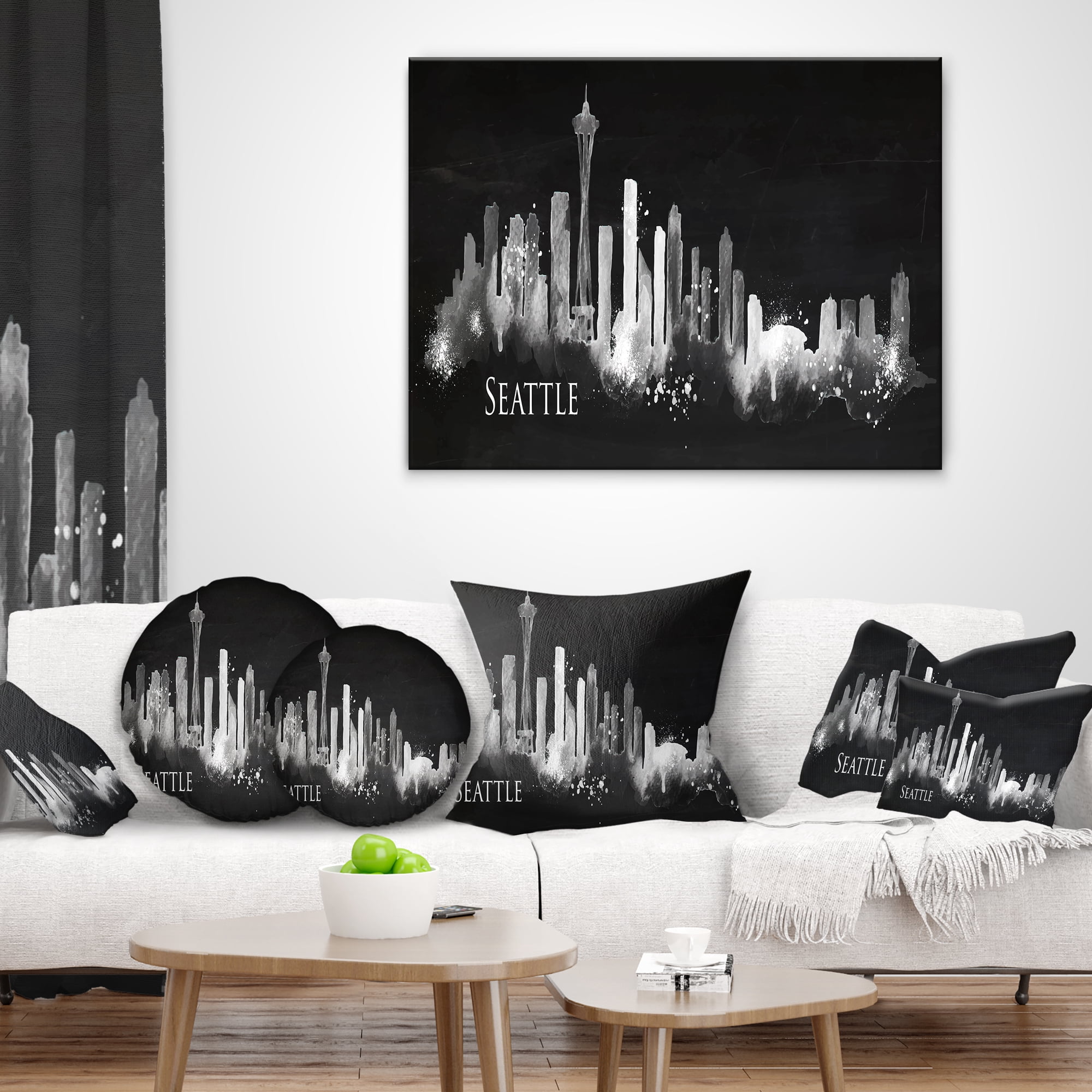 Designart Seattle Dark Silhouette - Cityscape Painting Throw Pillow - 12x20