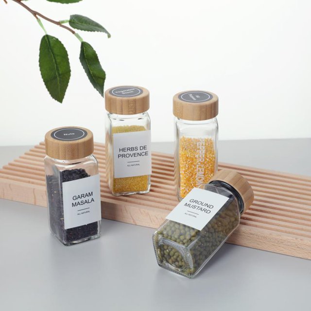Botella de condimento de madera de bambú de 120 ml de condimento de botella cuadrada CAN Botella cuadrada de 4 oz + cubierta de pp + cubierta de aluminio plateado oso de fresa Electrónica