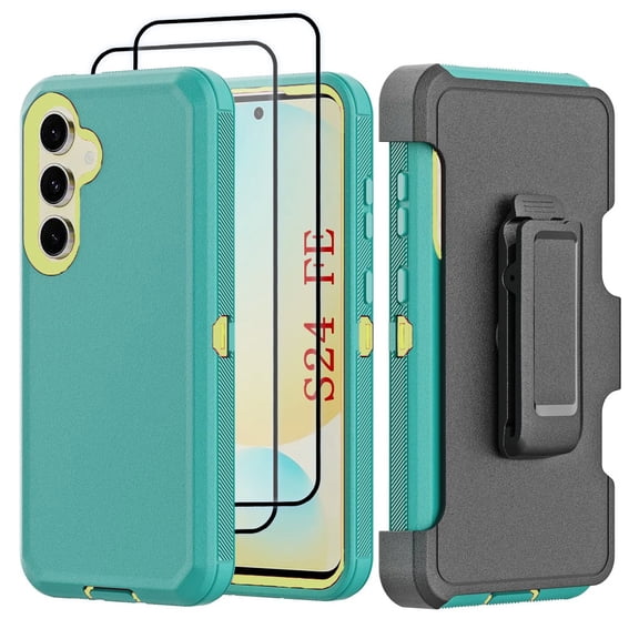 Hotpom for Samsung Galaxy S24 FE Case with Belt Clip and 2 Pack Screen Protector, Military Grade Shockproof Drop Protection for Outdoor Sports, Green