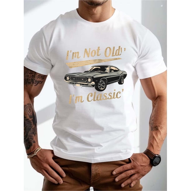 Round Neck Muscle Car Vintage Pattern Print Short Sleeve Men's T-shirt, Summer Casual Loose Sports Men's Tops, Soft And Breathable Comfy Men's T-shirt Tee For Adult, Men, Women, Teen, Teenager, Adole