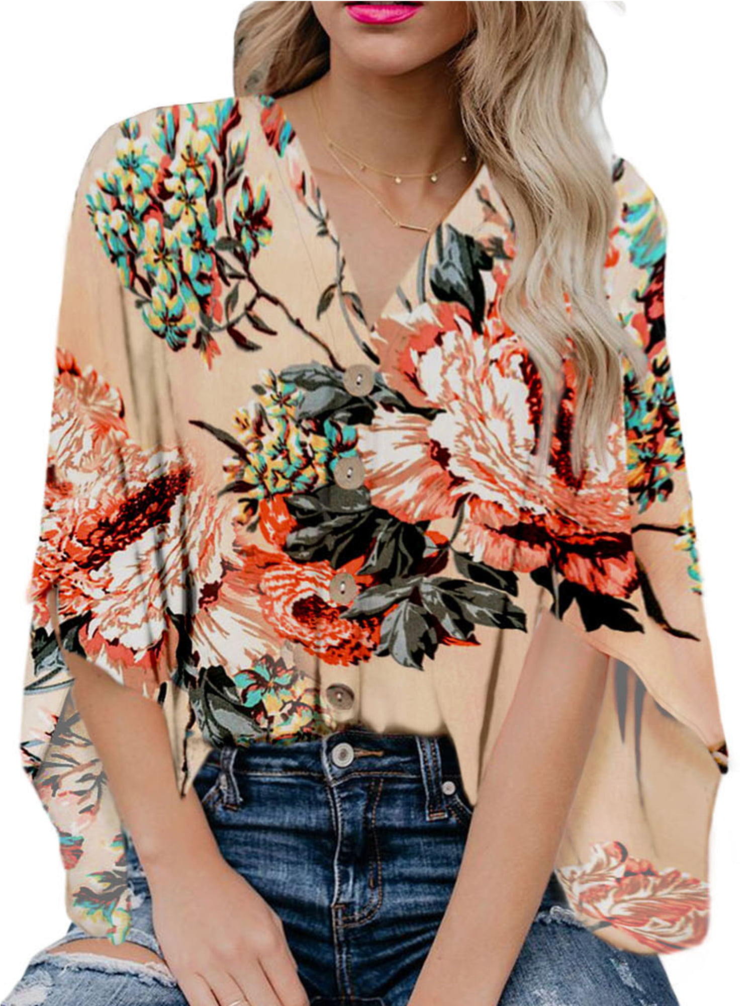 Women V Neck Floral Print Casual Loose Tie Knot Chiffon Tops Short Sleeve Blouse 