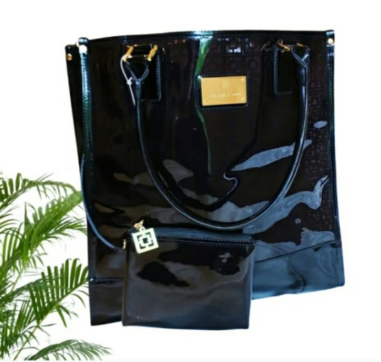 TRINA TURK Large Black Vinyl Tote Bag & Purse