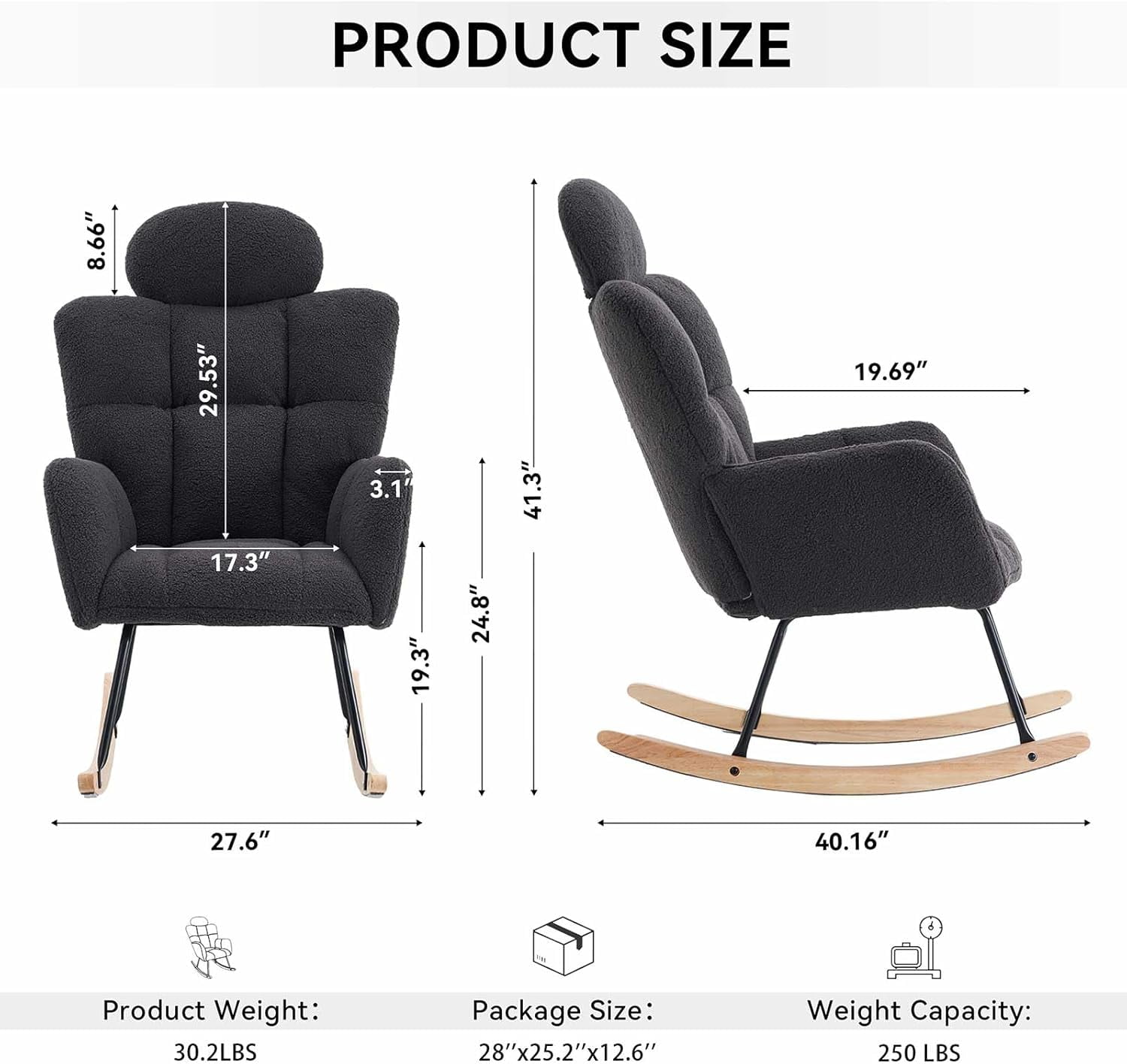 Nursery Rocking Chair - Teddy Fabric Upholstered Glider Rocking Chair with High Backrest & Pillow for Living Room & Bedroom - Easy Assembly Wood/Metal Base (Ivory)