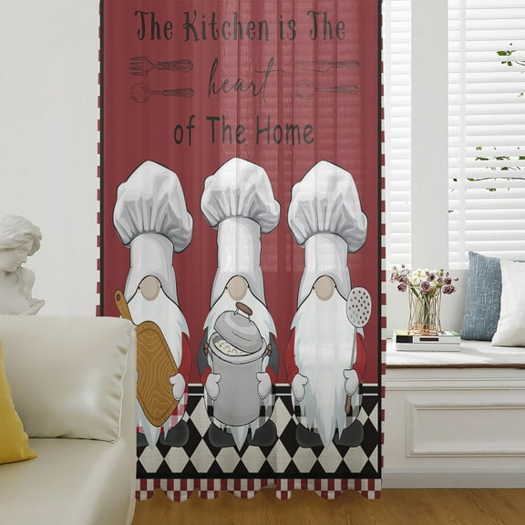 Red Chef Gnomes Semi Sheer Curtains Drapes for Living Room, Bedroom, French Doors Window 96 Inches Long, Farmhouse Red White Plaid Rod Pocket Chiffon Curtain Drapery Voile Draperies Panel