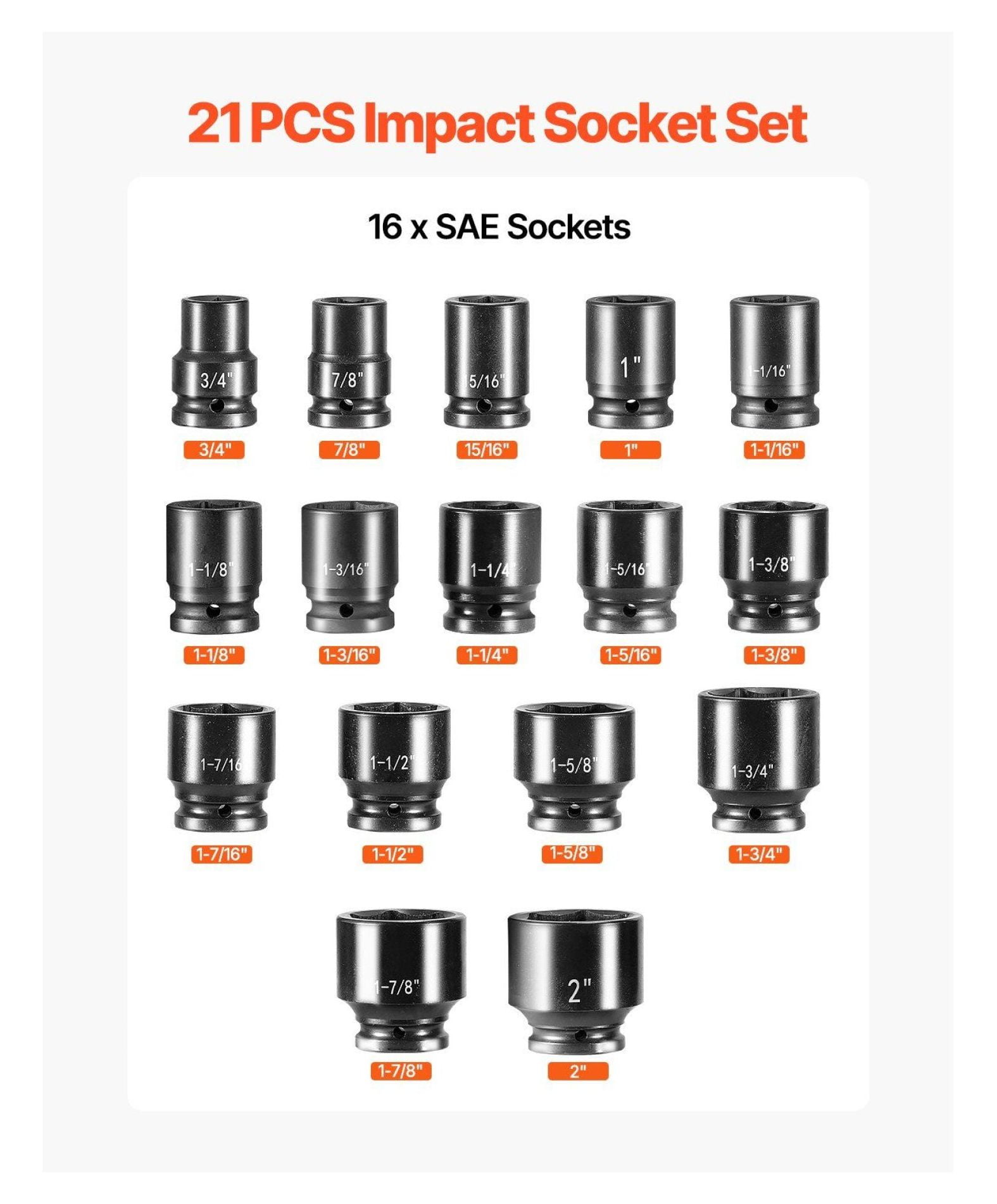 3/4 Inch Impact Socket Set 21 Piece - SAE Impact Sockets - 3/4 Drive Deep Socket Set for Trucks & RVs - 6 Point Heavy Duty Impact Wrenches