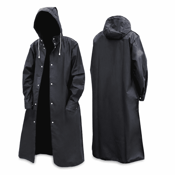 EVA Rain Poncho, XL 51.2 Inch Long Hooded Waterproof Raincoat, Heavy Duty Windproof Emergency Gear for Fishing Camping Hiking, Black
