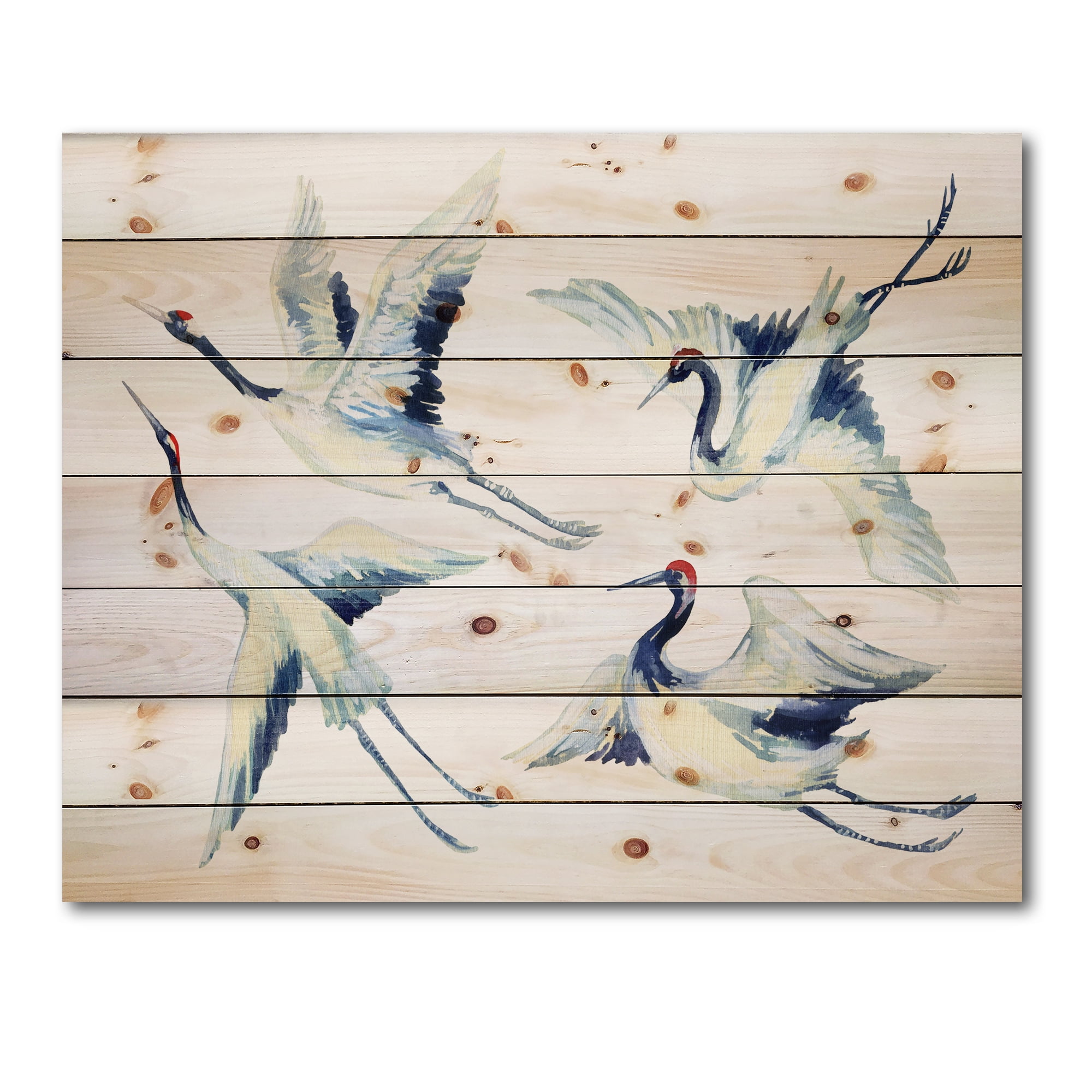 Designart 'Asian Crane Bird Impression II' Traditional Print on Natural Pine Wood