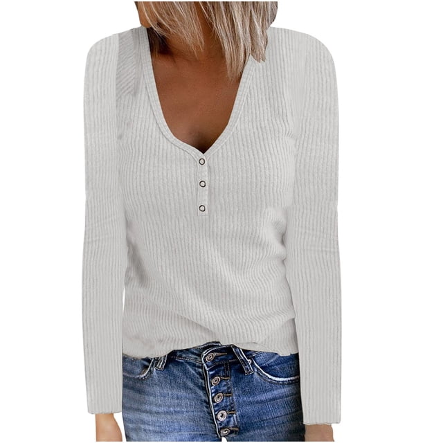CEHVOM Womens Casual Tops V-Neck Solid Long Sleeve T-shirt Blouse