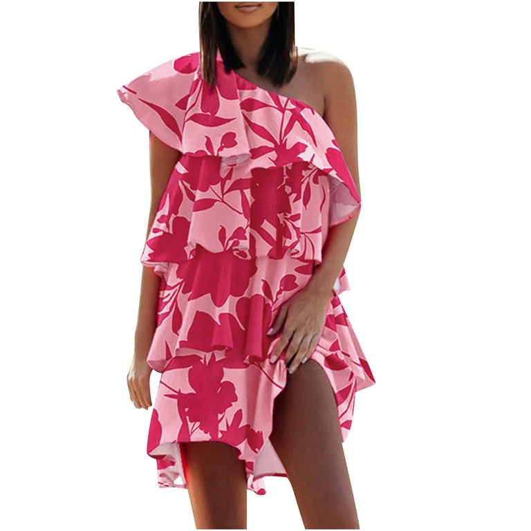  Women's Summer Casual Floral Print One Shoulder Tiered