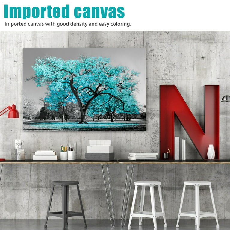 TSV Art Decor Large Canvas Wall Art Teal Green Tree Landscape Black and White Picture Prints Modern HD Stretched Painting Wall Decoration for Modern