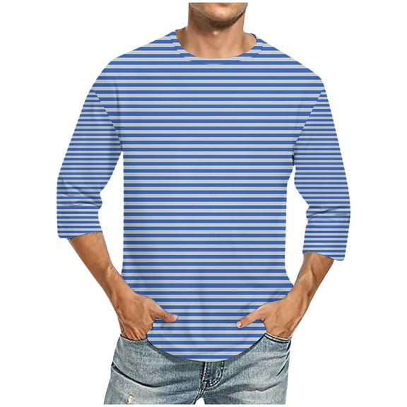 IYTR Mens 3/4 Sleeve Shirt Crew Neck Sports Loose Fashion Leisure Striped Print Classic Tshirt Blouses(Blue,XXXL)