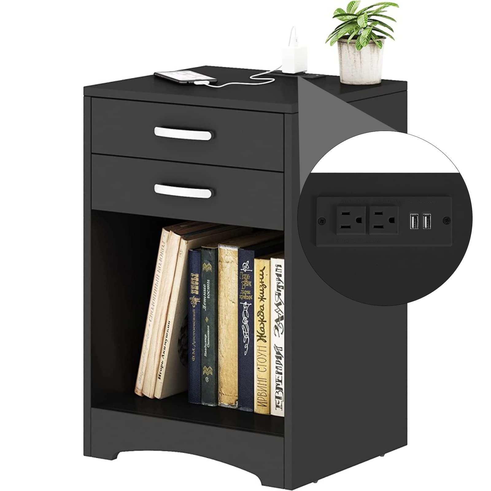 Black Nightstand with Charging Station 2 Drawer Bedroom Nightstand Wood