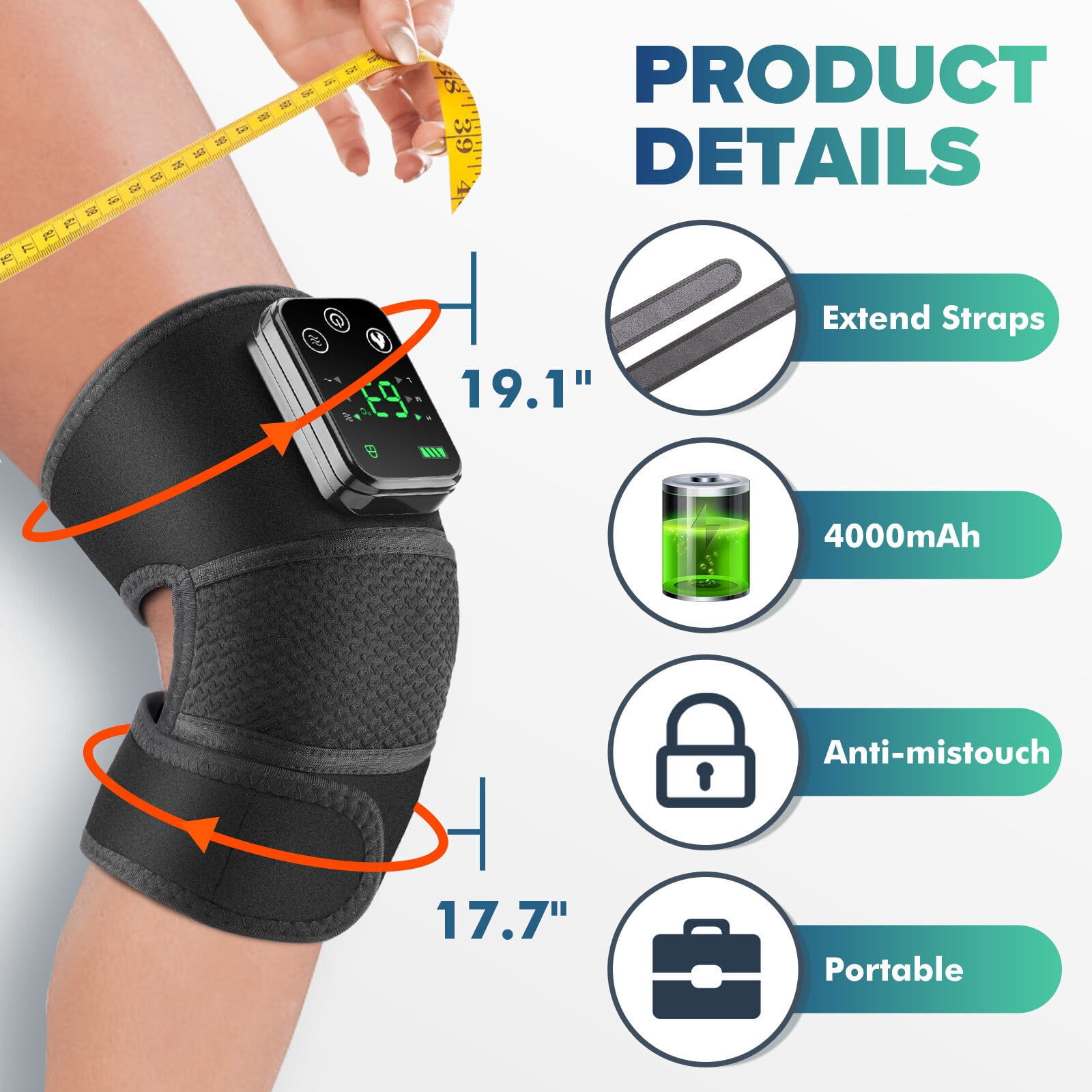 Heated Knee Massager, Cordless Knee Heating Pad, 3 in 1 Knee Elbow Shoulder Heated Massager with 3 Level Heating & Vibration, 4000mAh Battery for Relax Muscle, Black