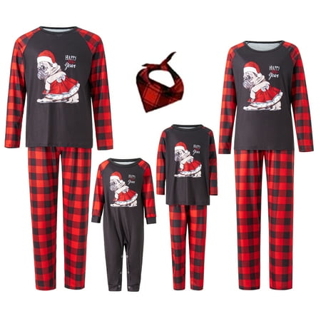 

Family Matching Christmas Pajamas Sets Long Sleeve Dog Print Tops + Plaid Pants Sleepwear Loungewear