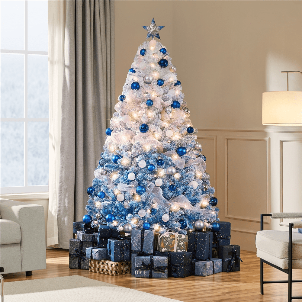 Renwick 6Ft Pre-lit Flocked Artificial Christmas Tree with 250 Incandescent Warm Lights, Lake Blue Gradient