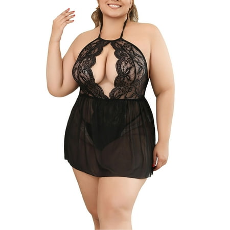 Blphud Bridal Undergarments Sexy Sleepwear for Women Womens plus Size Lingerie Lace Chemise Sexy Mesh Sleepwear Deep V Teddy Nightdress for Sexy Love Lace Lingerie Black L